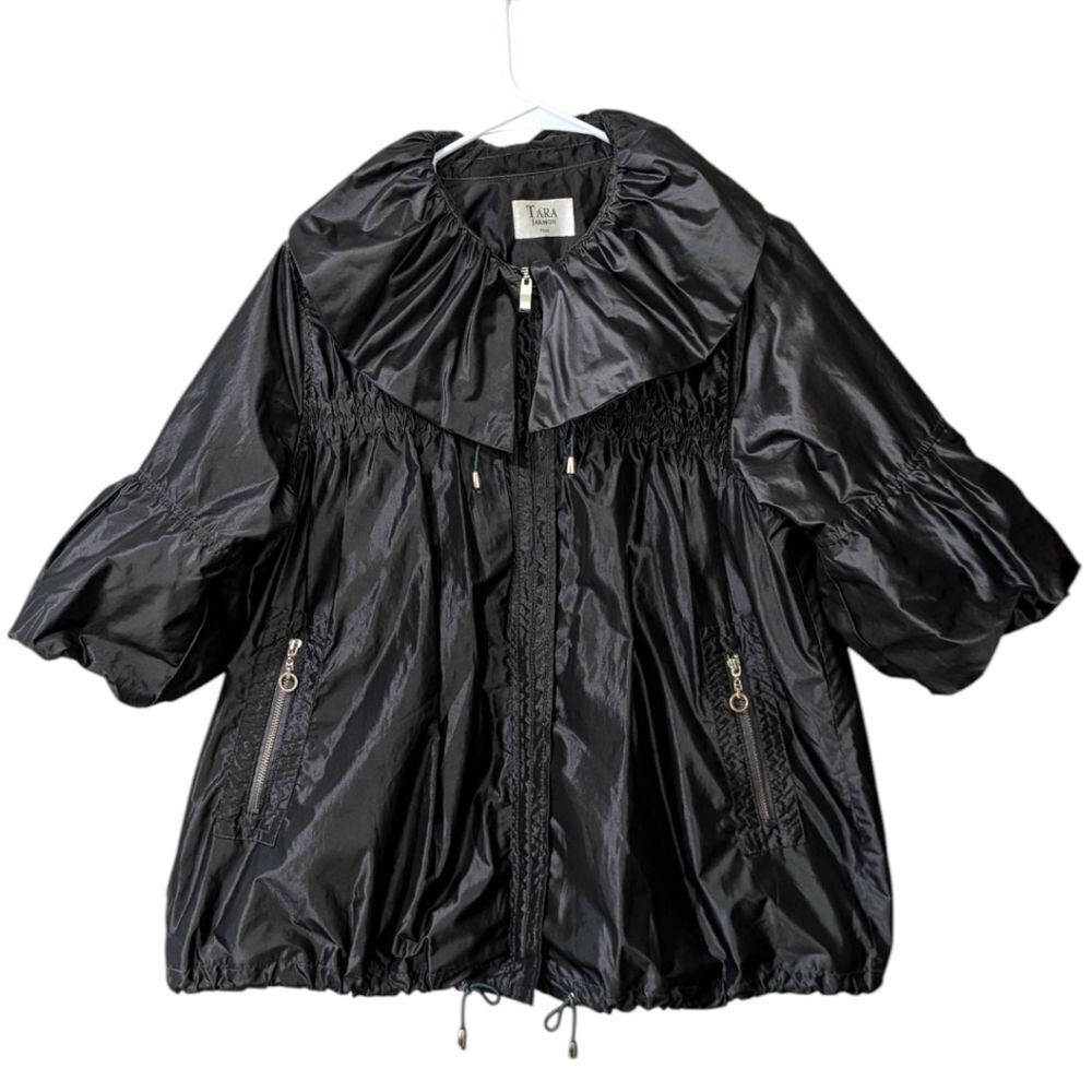 VTG TARA JARMON Paris Metallic Black Ruched 3/4 Sleeve Windbreaker Jacket US 8